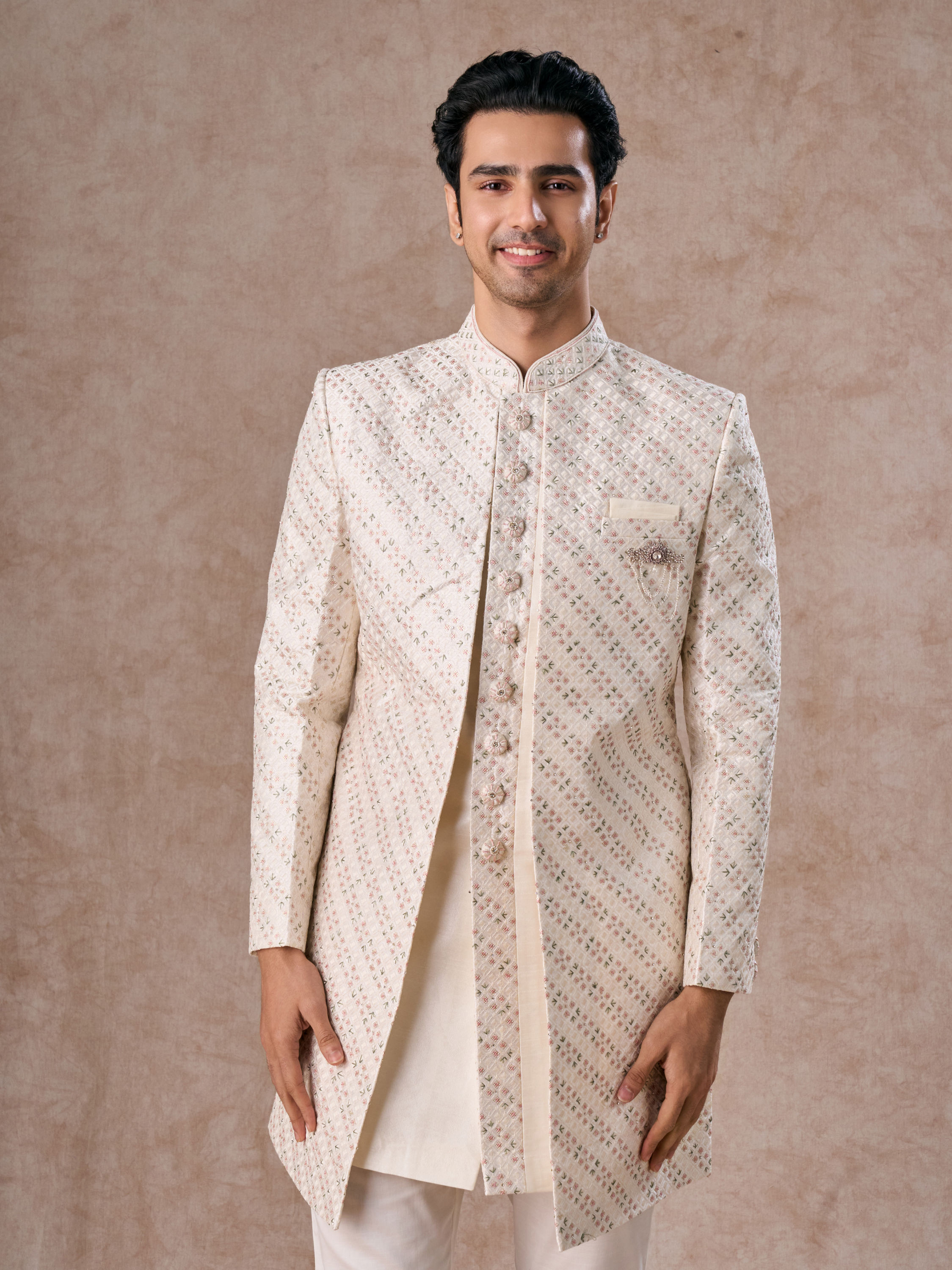 Manyavar Men Cream Ensemble Sherwani  with Brooch