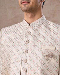 Manyavar Men Cream Ensemble Sherwani  with Brooch