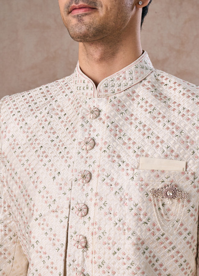 Manyavar Men Cream Ensemble Open Sherwani  with Brooch
