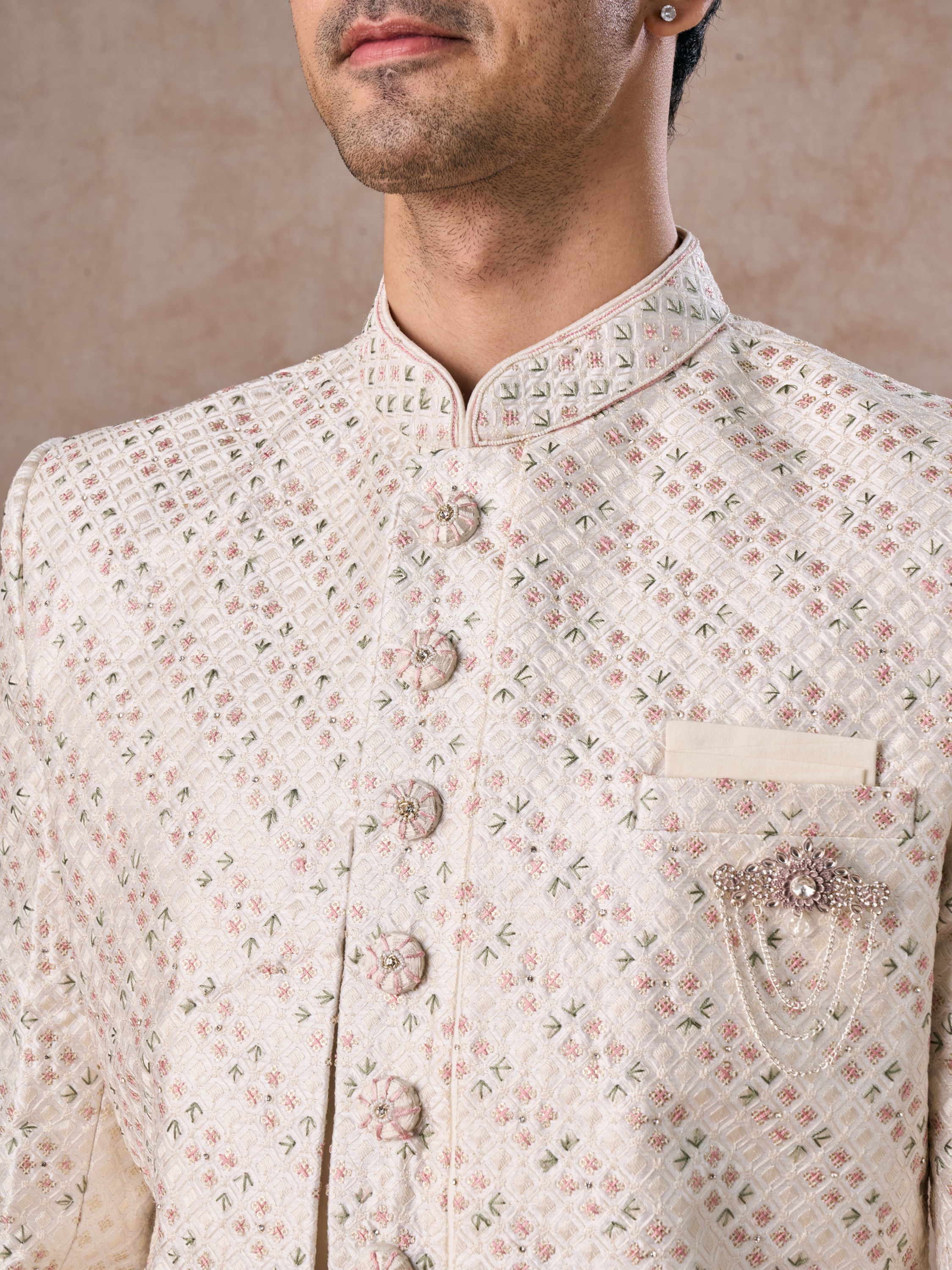 Manyavar Men Cream Ensemble Sherwani  with Brooch