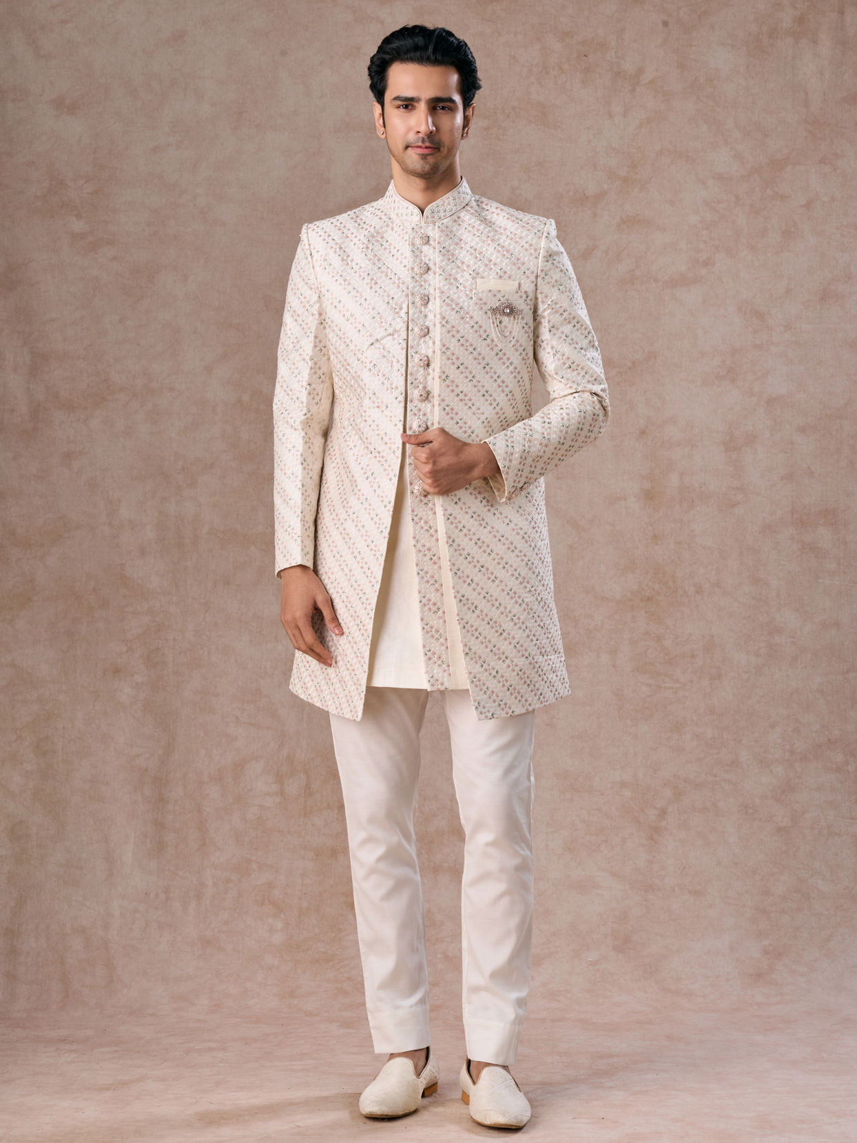 Manyavar Men Cream Ensemble Sherwani  with Brooch