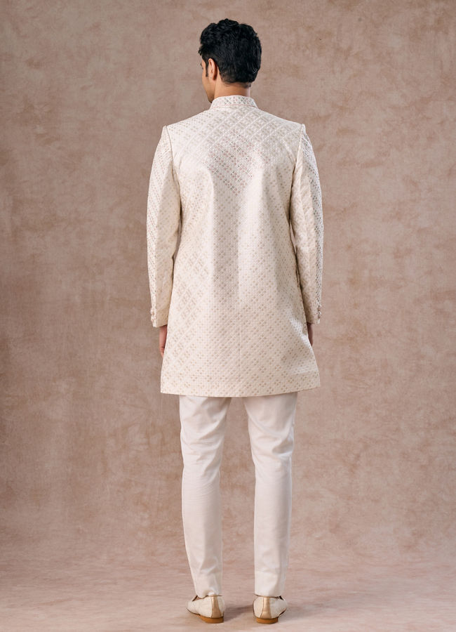 Manyavar Men Cream Ensemble Sherwani  with Brooch