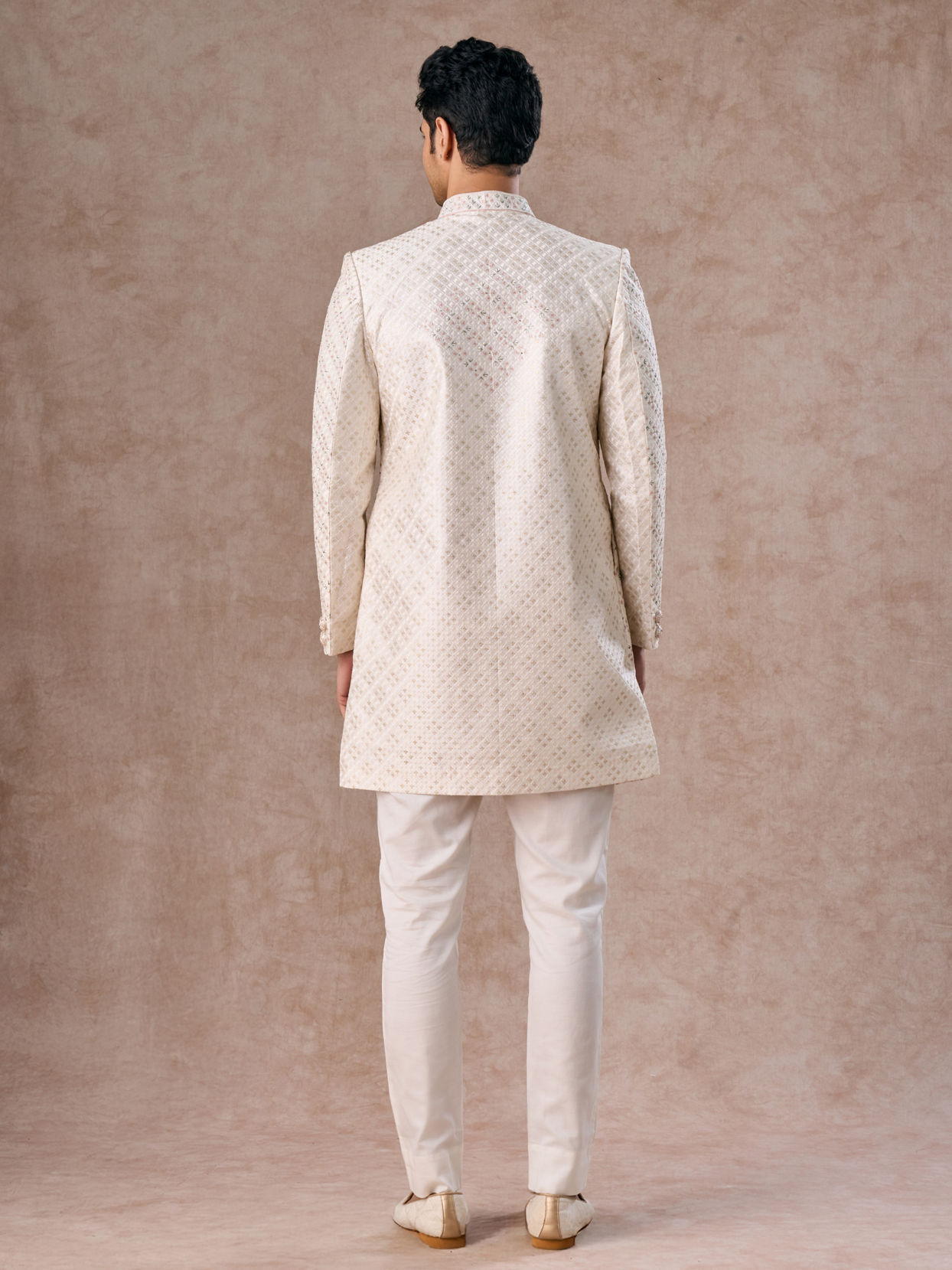 Manyavar Men Cream Ensemble Sherwani  with Brooch