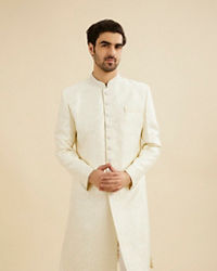 Manyavar Men Cream White Jaal Medallion Patterned Sherwani Set