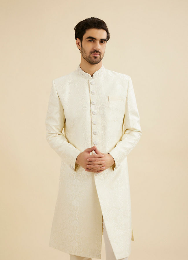 Manyavar Men Cream White Jaal Medallion Patterned Sherwani Set