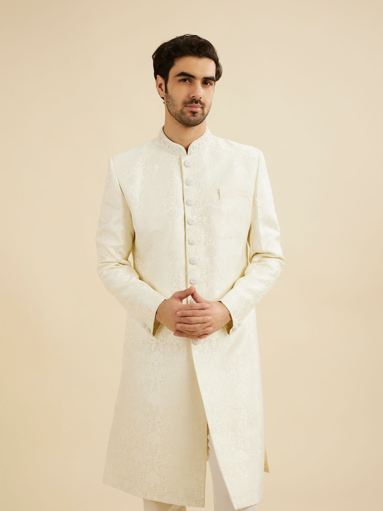 Manyavar Men Cream White Jaal Medallion Patterned Sherwani Set