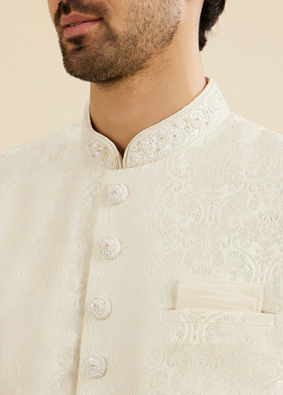 Manyavar Men Cream White Jaal Medallion Patterned Sherwani Set