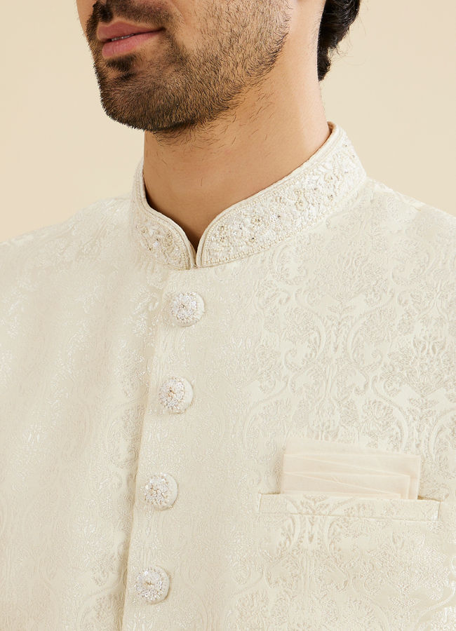 Manyavar Men Cream White Jaal Medallion Patterned Sherwani Set