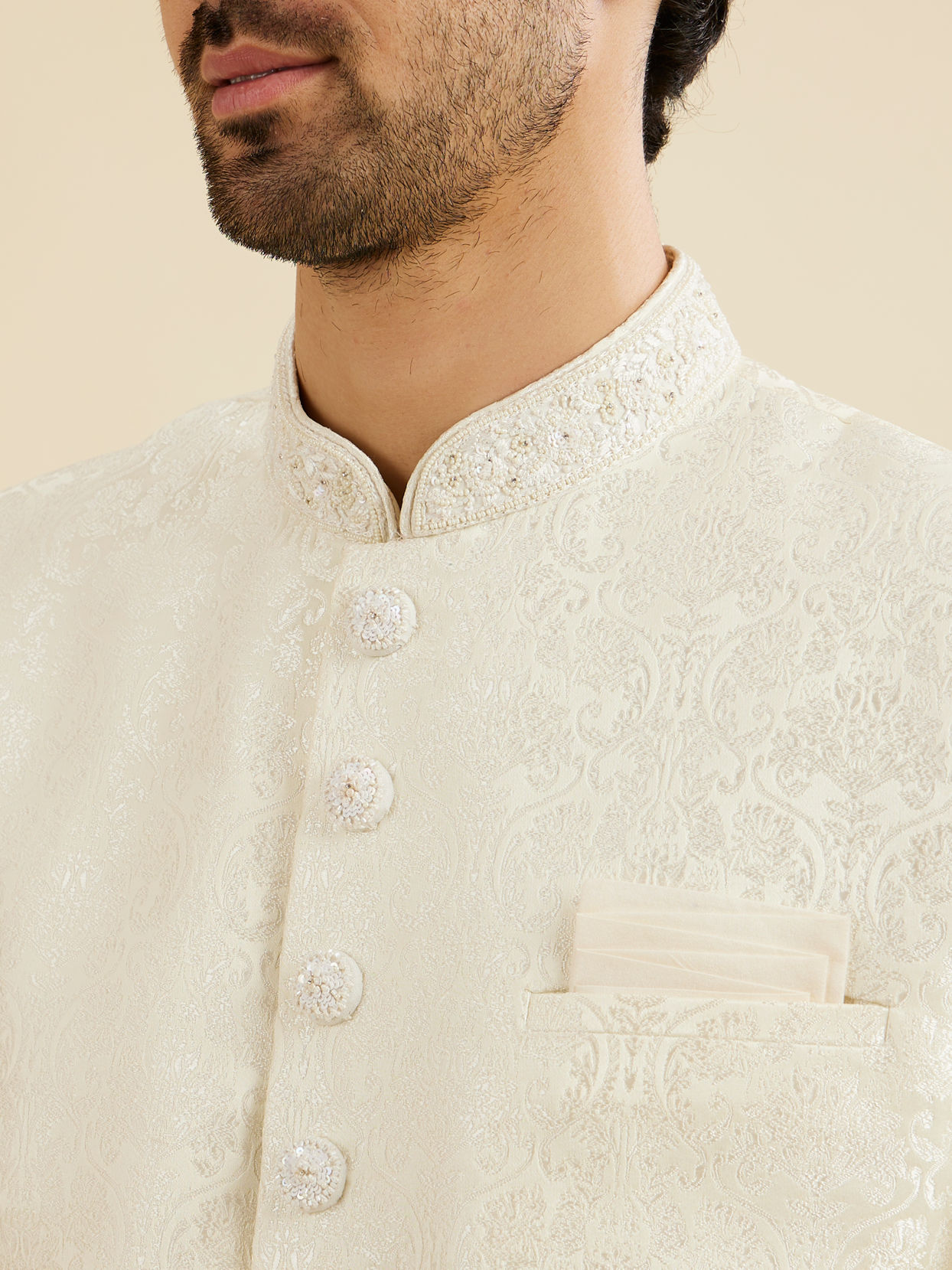 Manyavar Men Cream White Jaal Medallion Patterned Sherwani Set