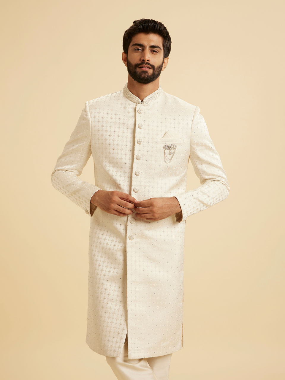 Manyavar Men Regal Cream Satin Sherwani