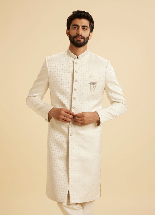 Manyavar Men Regal Cream Satin Sherwani