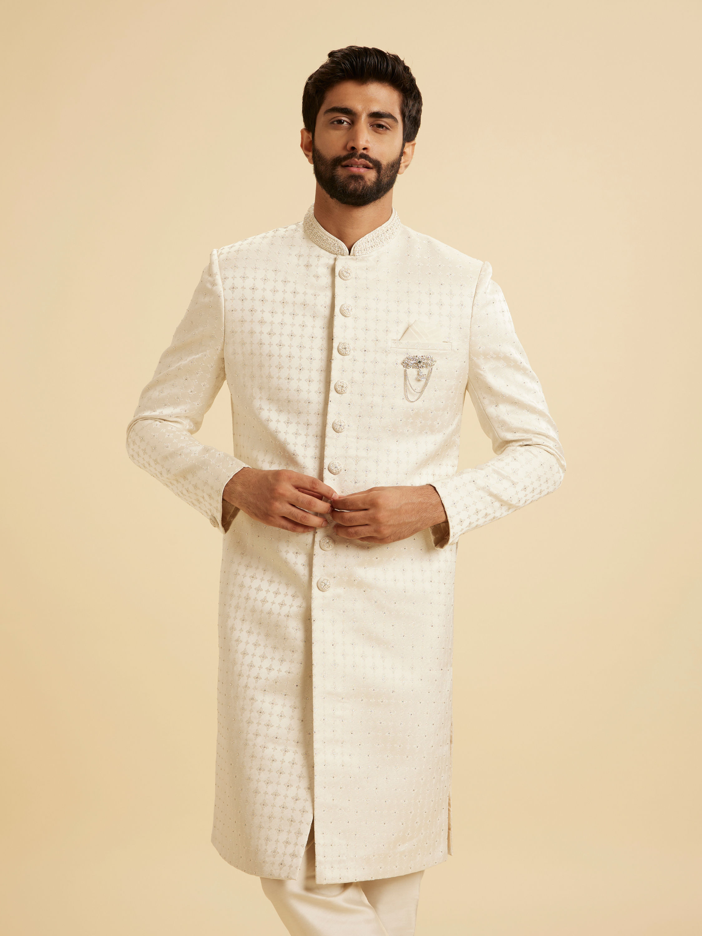 Manyavar Men Regal Cream Satin Sherwani