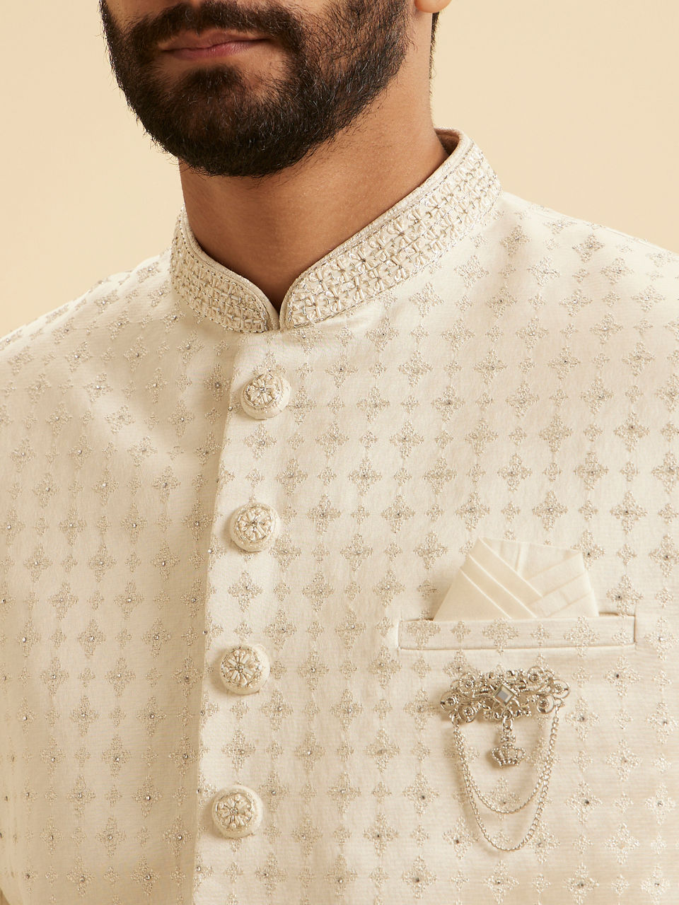 Manyavar Men Regal Cream Satin Sherwani