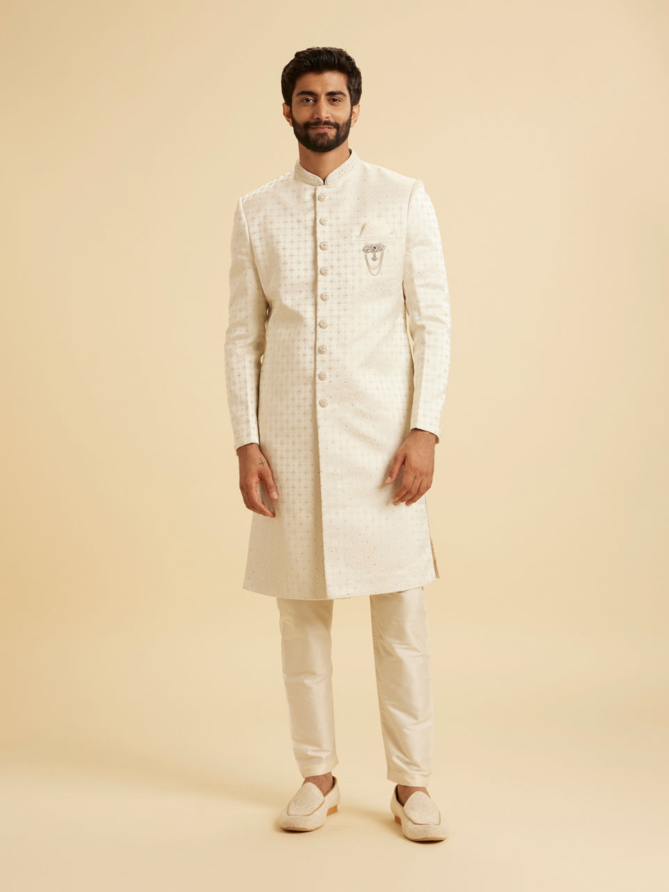 Manyavar Men Regal Cream Satin Sherwani