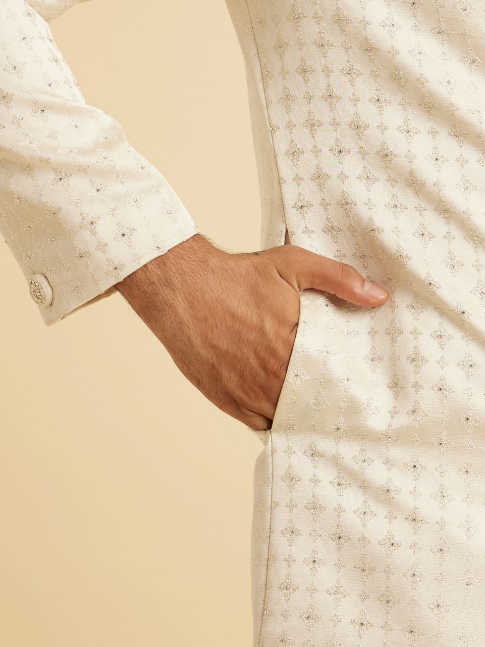 Manyavar Men Regal Cream Satin Sherwani