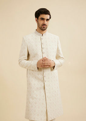 Manyavar Men Cream White Buta Jaal Patterned Sherwani Set with Rhinestone Work