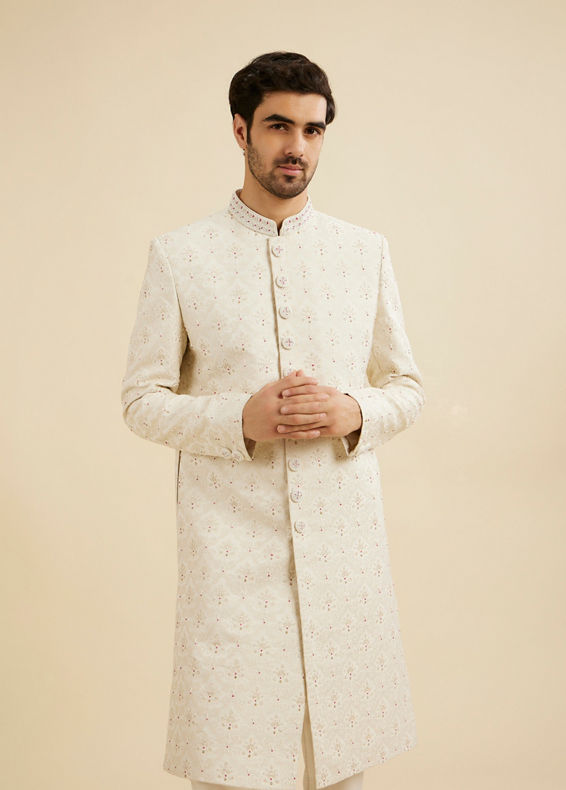 Manyavar Men Cream White Buta Jaal Patterned Sherwani Set with Rhinestone Work