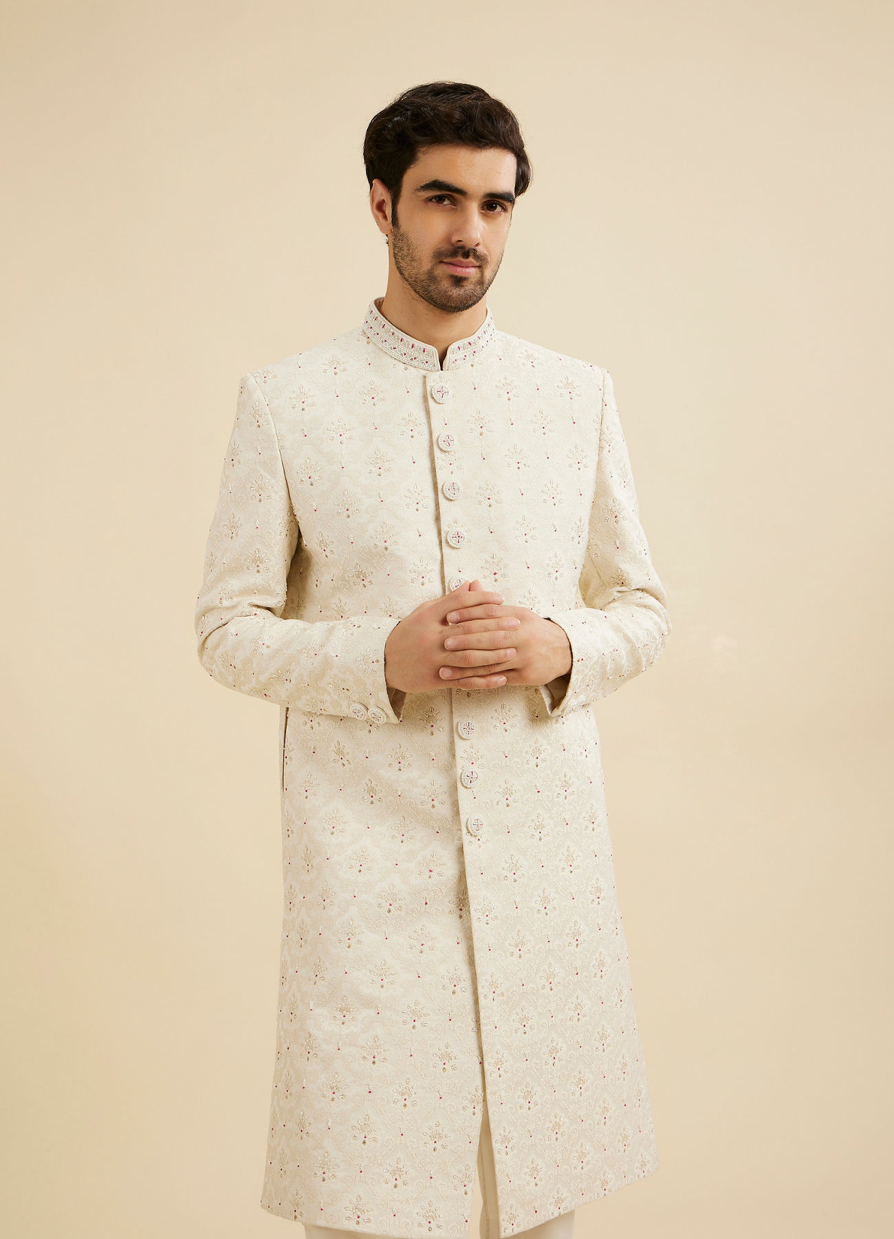 Manyavar Men Cream White Buta Jaal Patterned Sherwani Set with Rhinestone Work