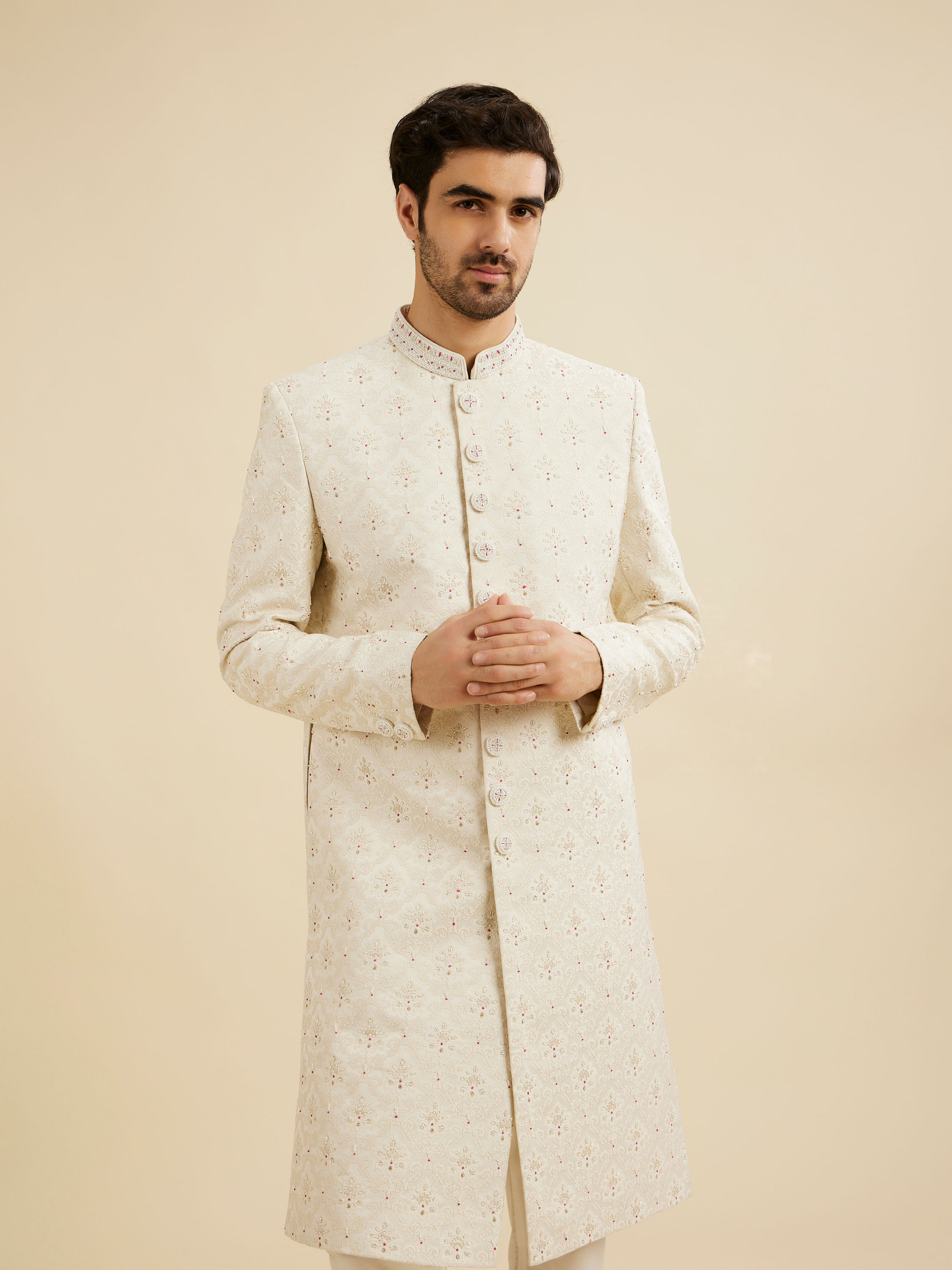Manyavar Men Cream White Buta Jaal Patterned Sherwani Set with Rhinestone Work