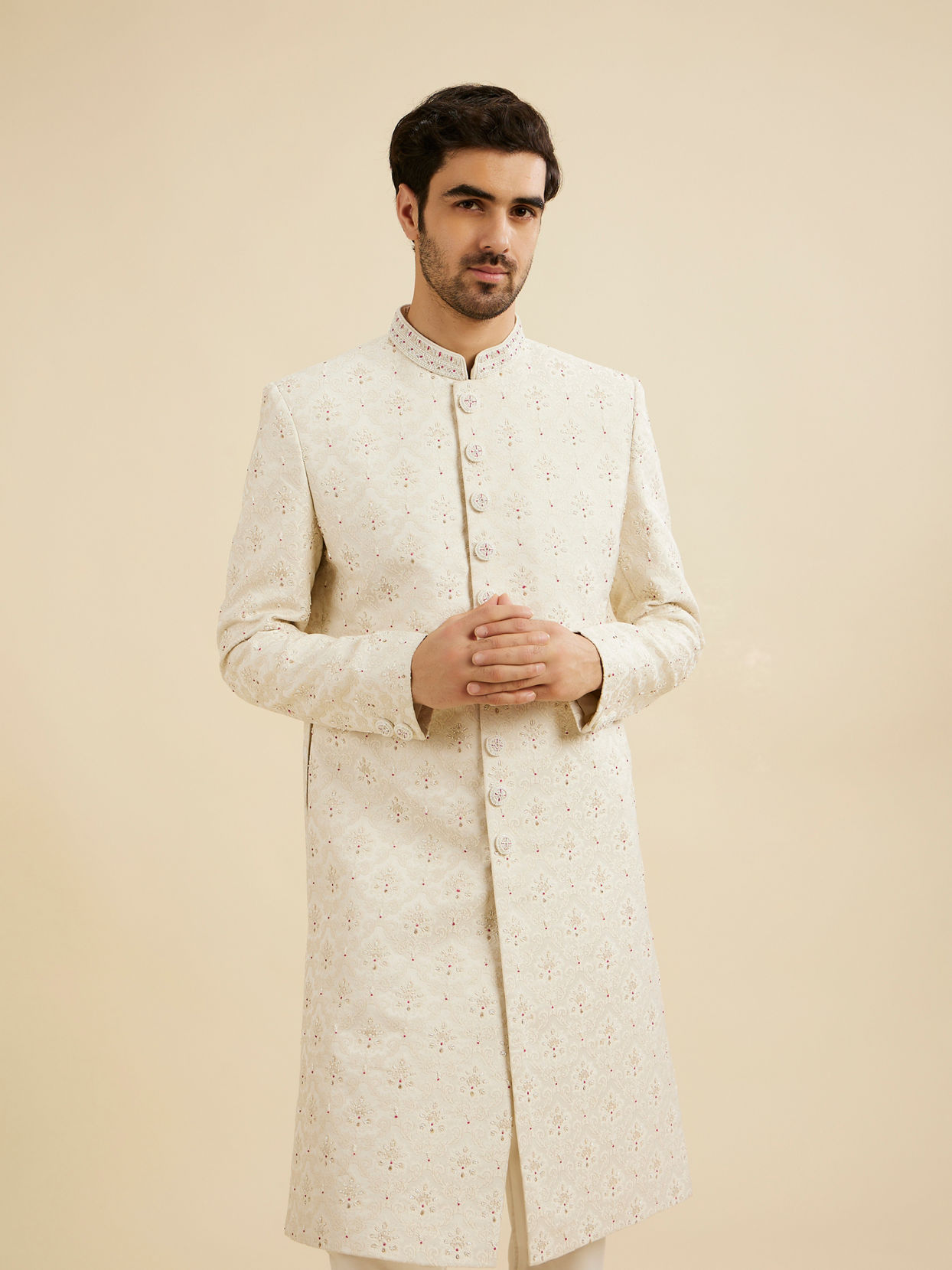 Manyavar Men Cream White Buta Jaal Patterned Sherwani Set with Rhinestone Work