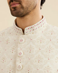 Manyavar Men Cream White Buta Jaal Patterned Sherwani Set with Rhinestone Work