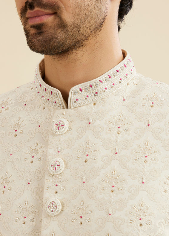 Manyavar Men Cream White Buta Jaal Patterned Sherwani Set with Rhinestone Work