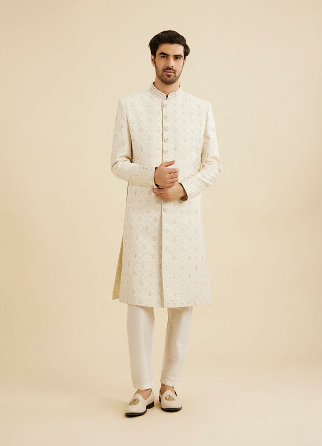 Manyavar Men Cream White Buta Jaal Patterned Sherwani Set with Rhinestone Work