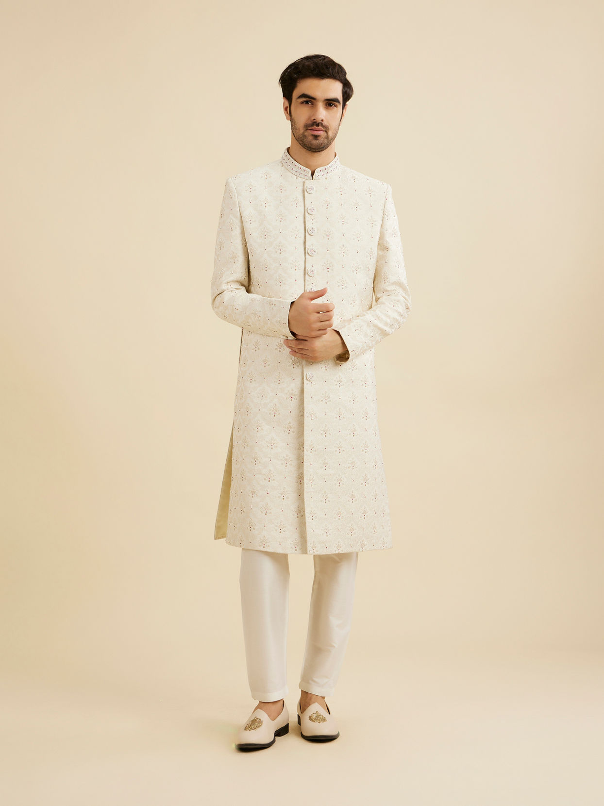 Manyavar Men Cream White Buta Jaal Patterned Sherwani Set with Rhinestone Work