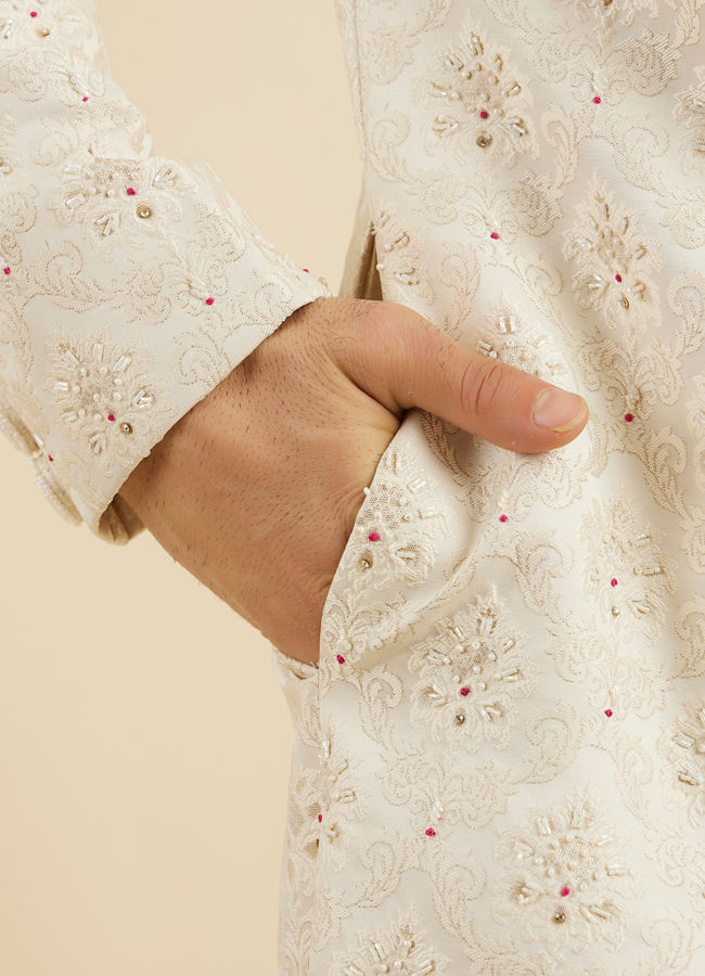 Manyavar Men Cream White Buta Jaal Patterned Sherwani Set with Rhinestone Work