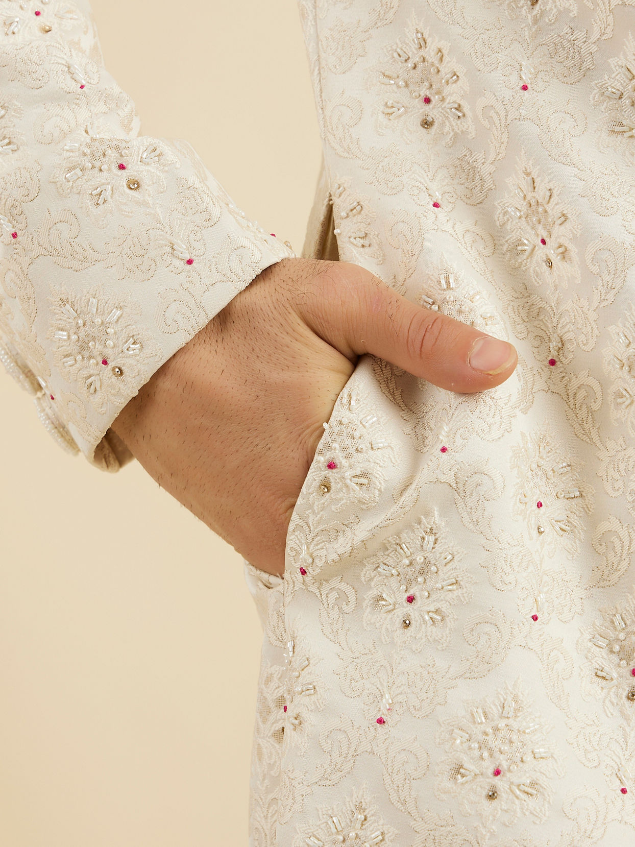 Manyavar Men Cream White Buta Jaal Patterned Sherwani Set with Rhinestone Work
