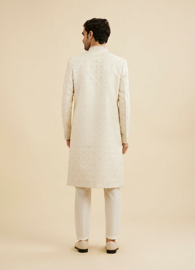 Manyavar Men Cream White Buta Jaal Patterned Sherwani Set with Rhinestone Work