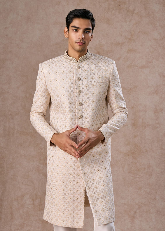Manyavar Men Regal Cream Brocade Sherwani
