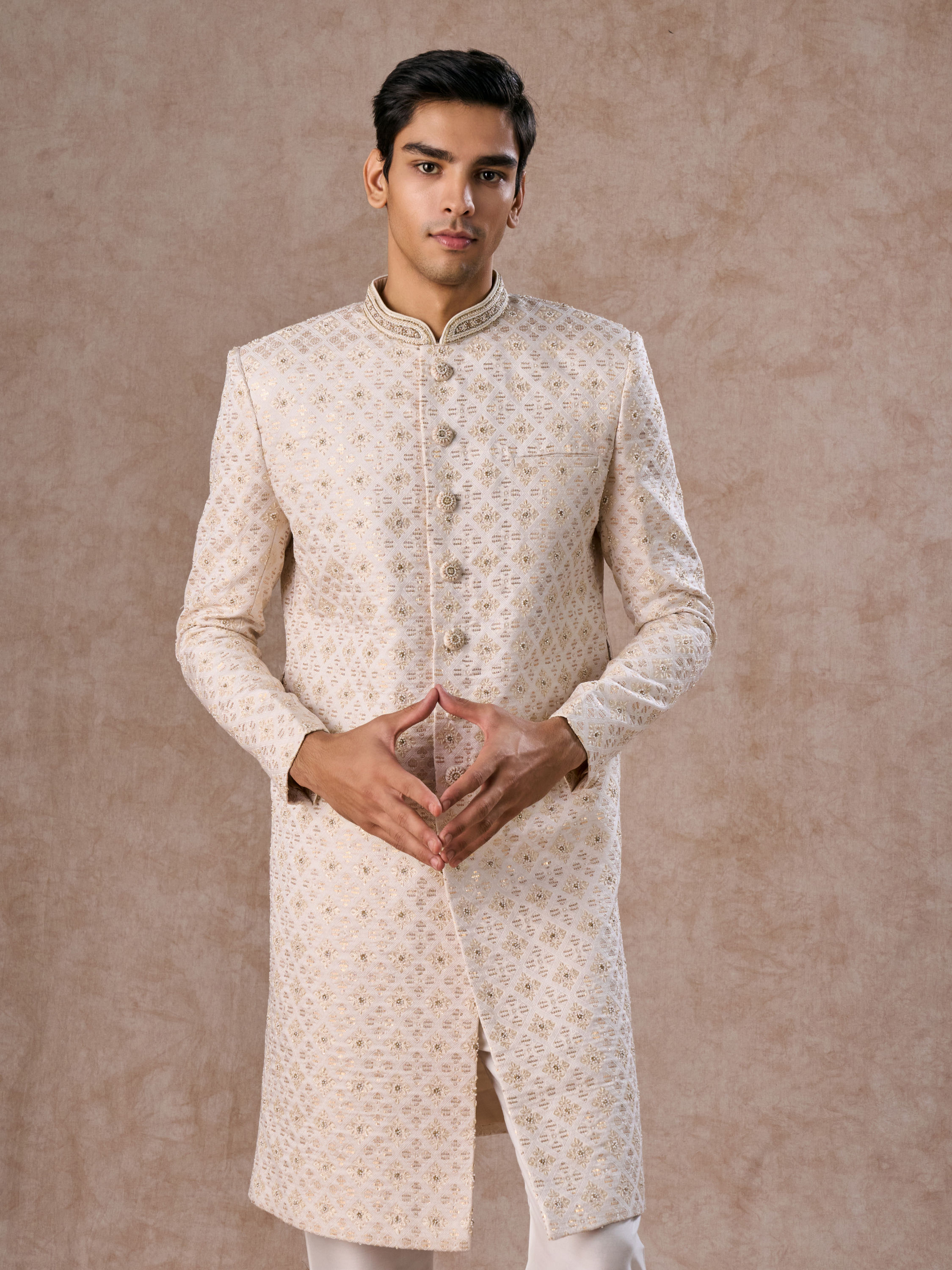 Manyavar Men Regal Cream Brocade Sherwani