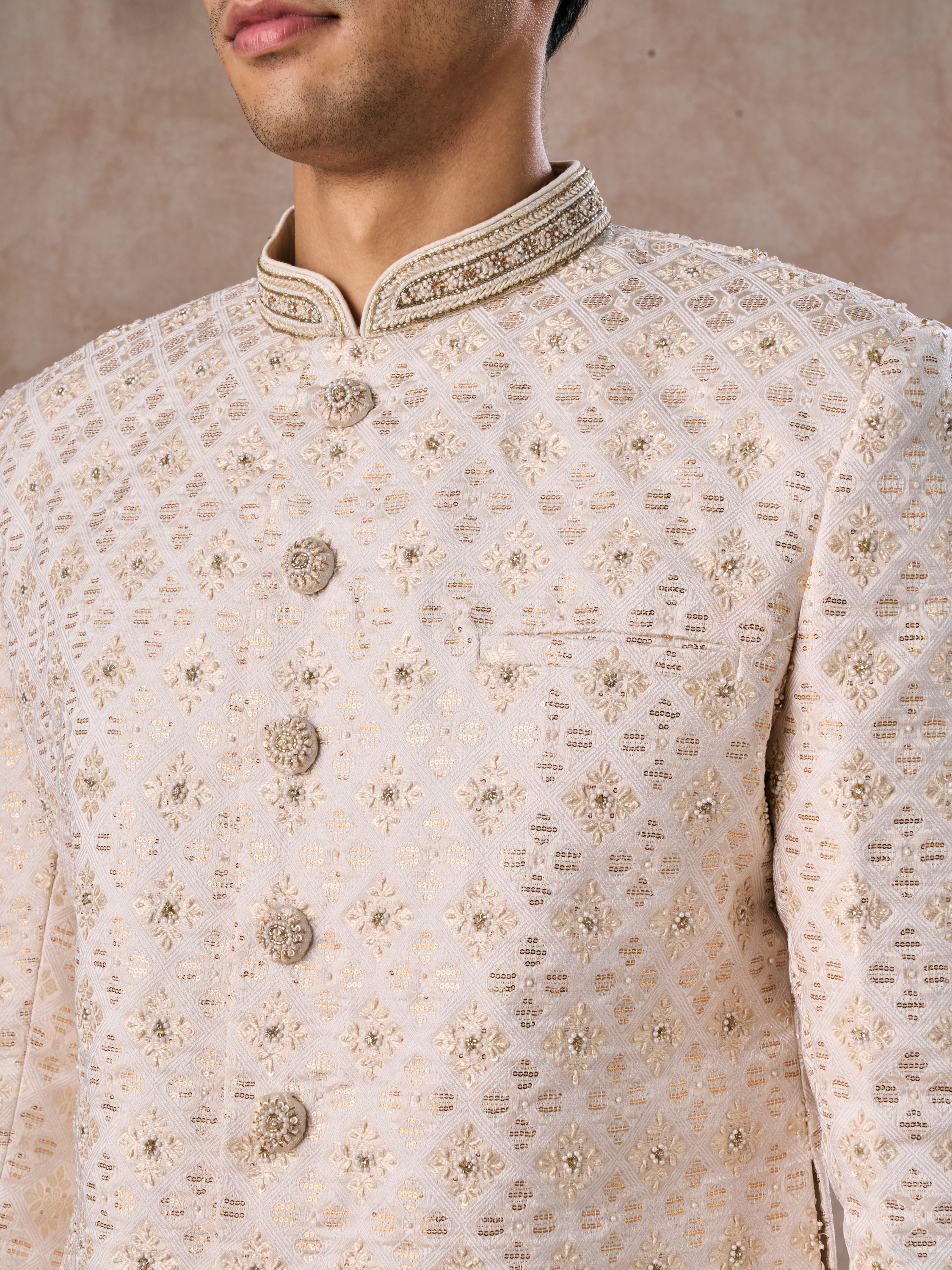 Manyavar Men Regal Cream Brocade Sherwani