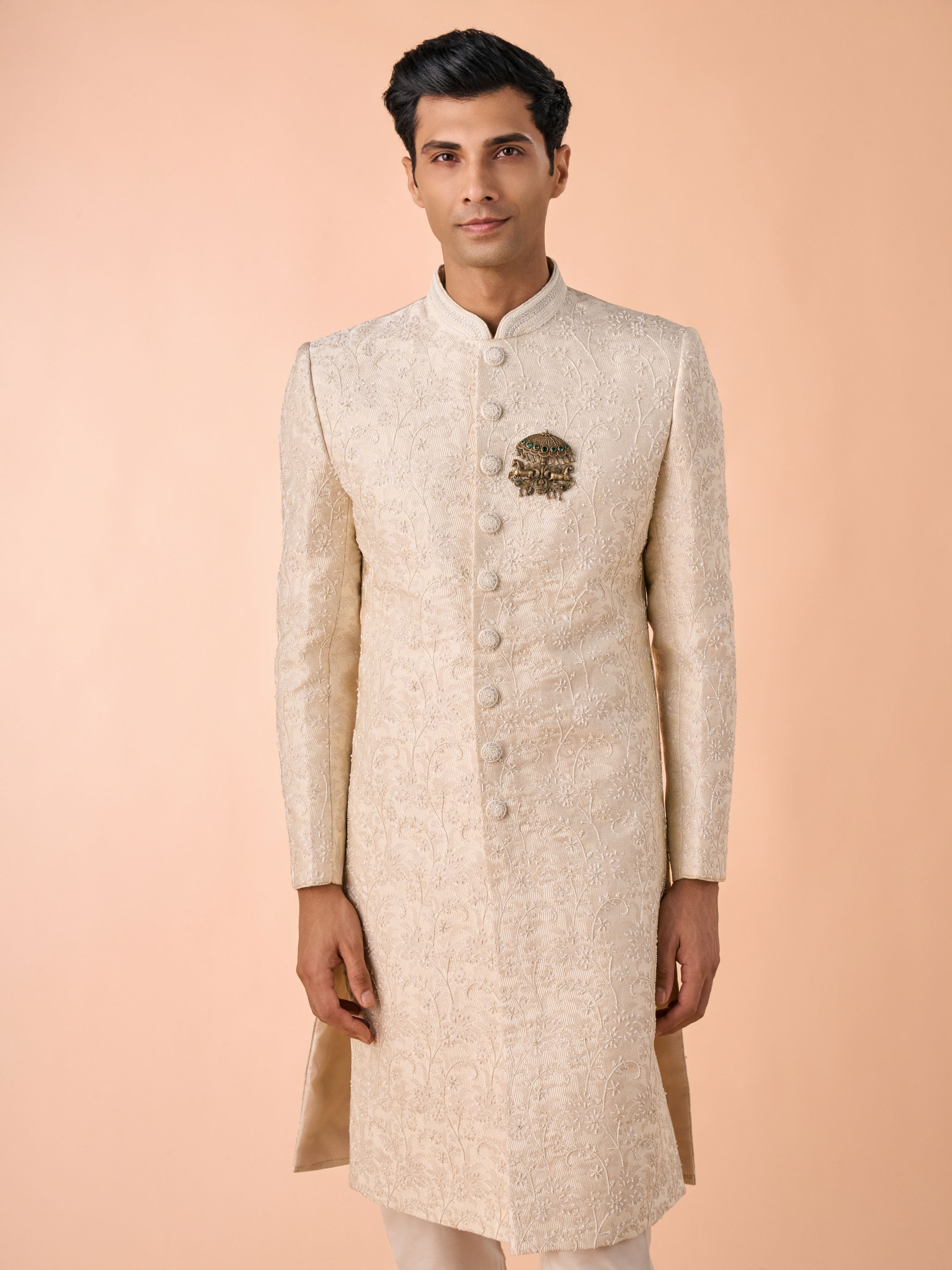 Manyavar Men Elegant Cream Fantasy Sherwani