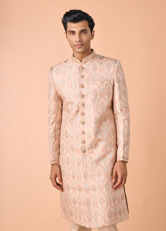 Manyavar Men Peach Brocade Sherwani