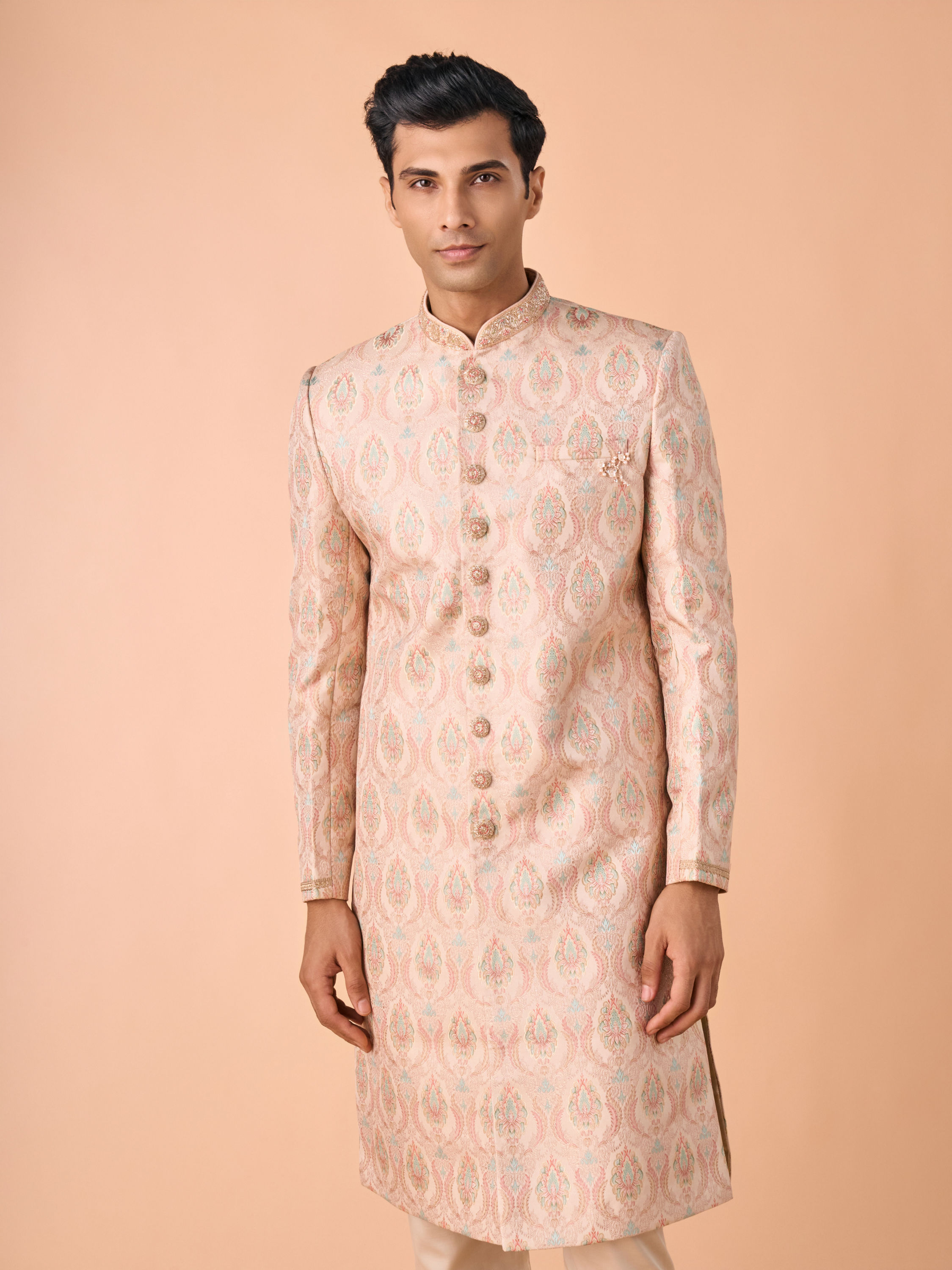 Manyavar Men Peach Brocade Sherwani