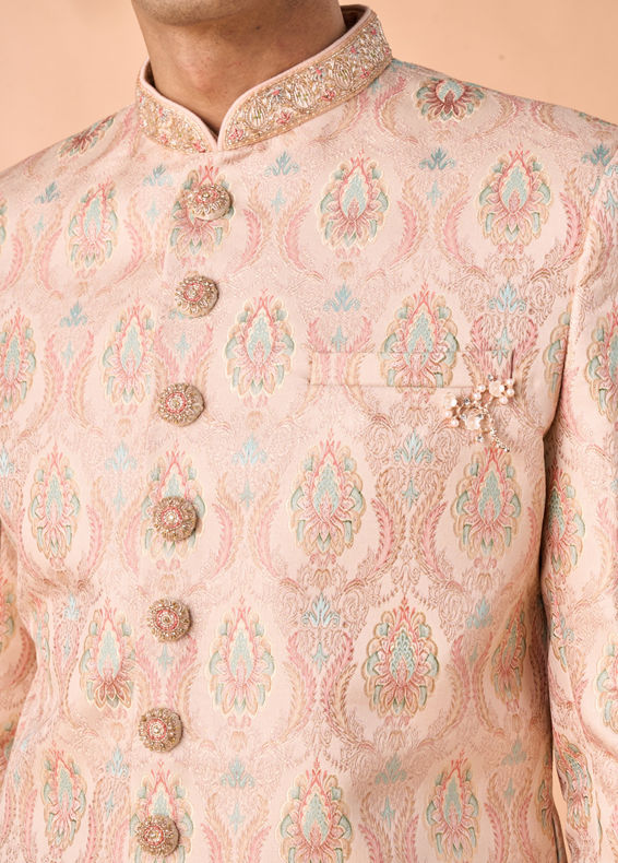 Manyavar Men Peach Brocade Sherwani