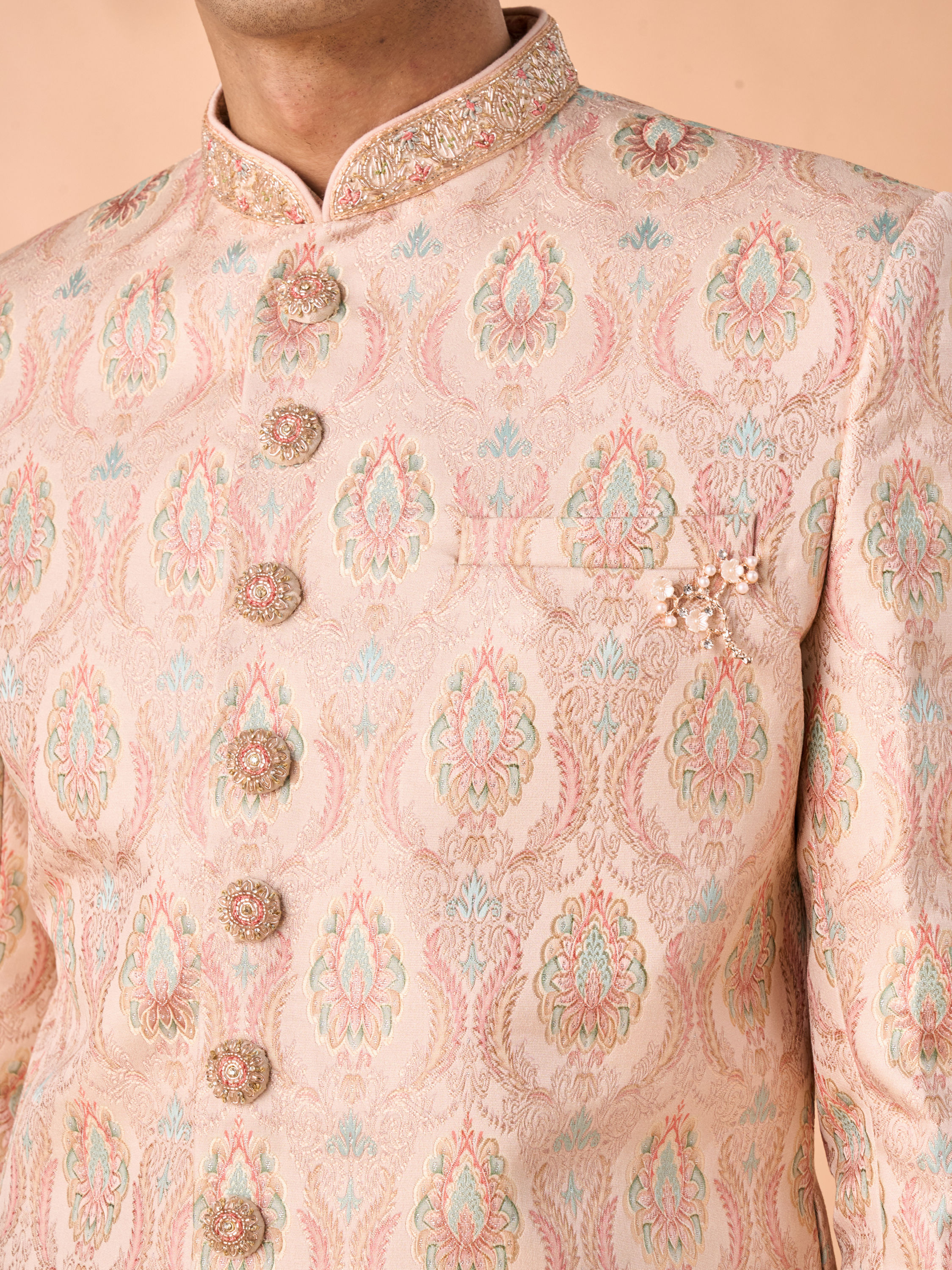 Manyavar Men Peach Brocade Sherwani