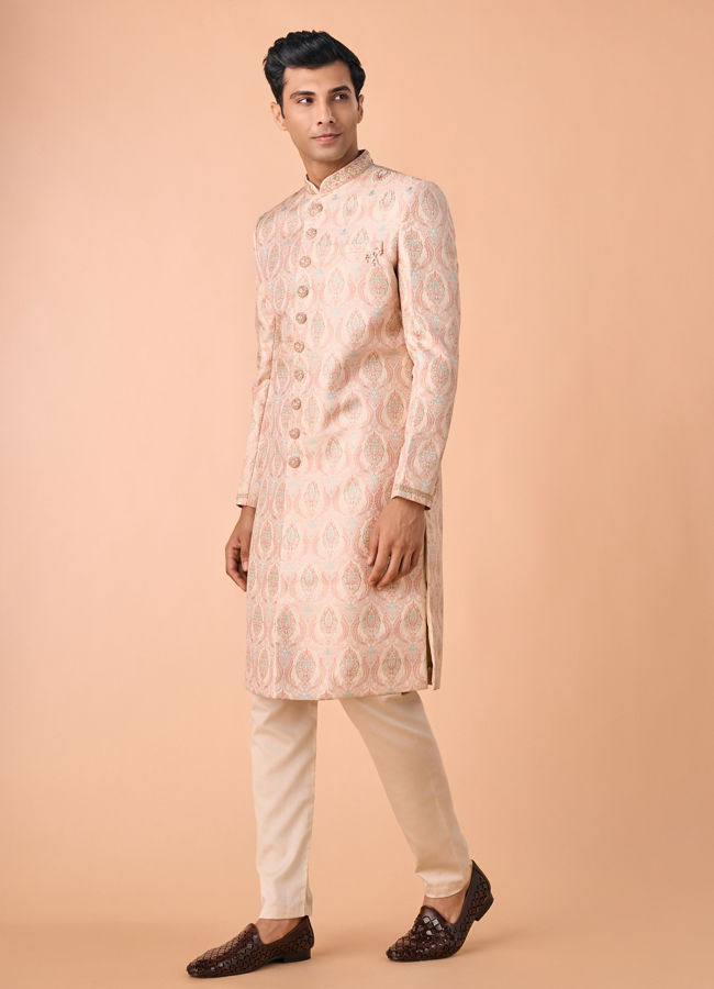 Manyavar Men Peach Brocade Sherwani