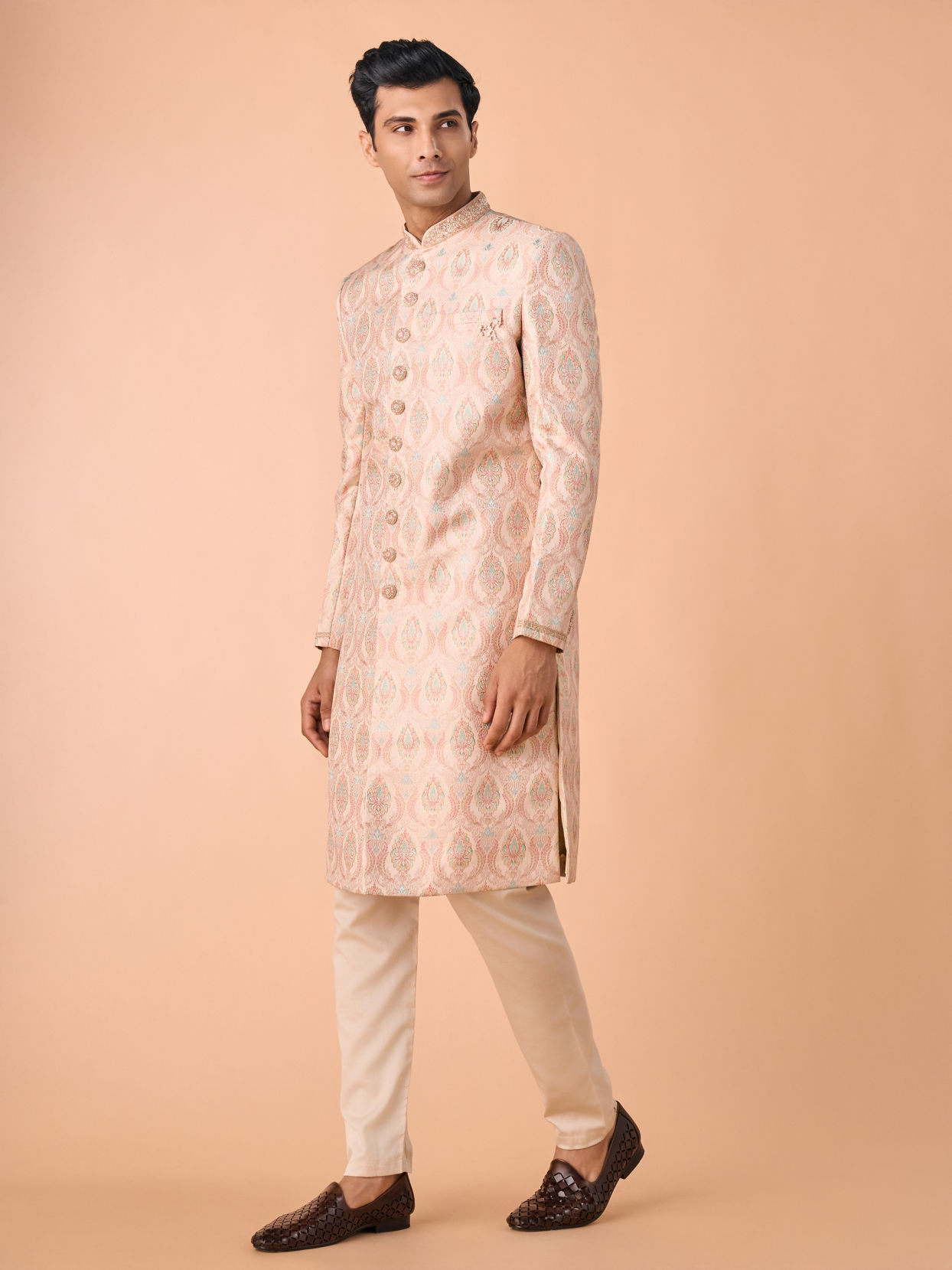 Manyavar Men Peach Brocade Sherwani