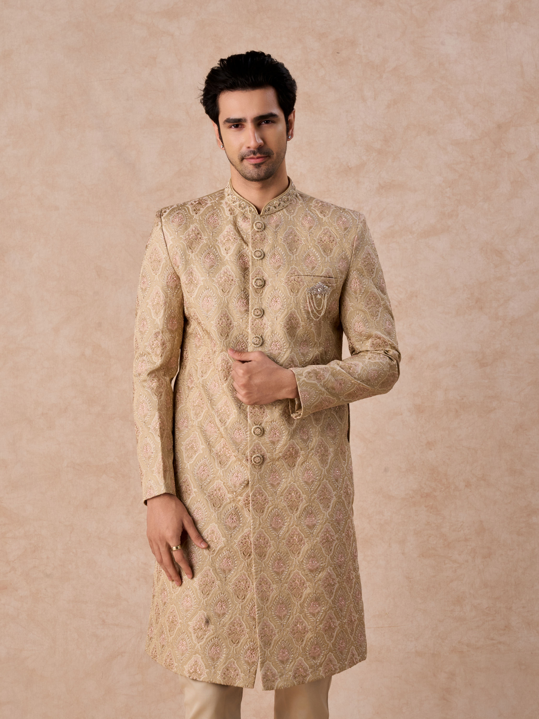 Manyavar Men Walnut Beige Grandeur Sherwani