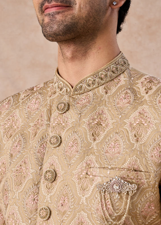 Manyavar Men Walnut Beige Grandeur Sherwani