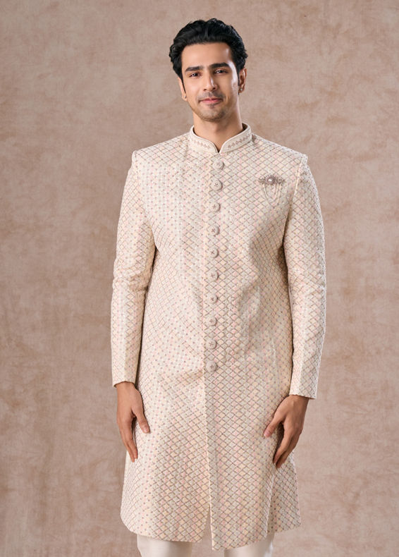 Manyavar Men Classic Cream Velvet Sherwani