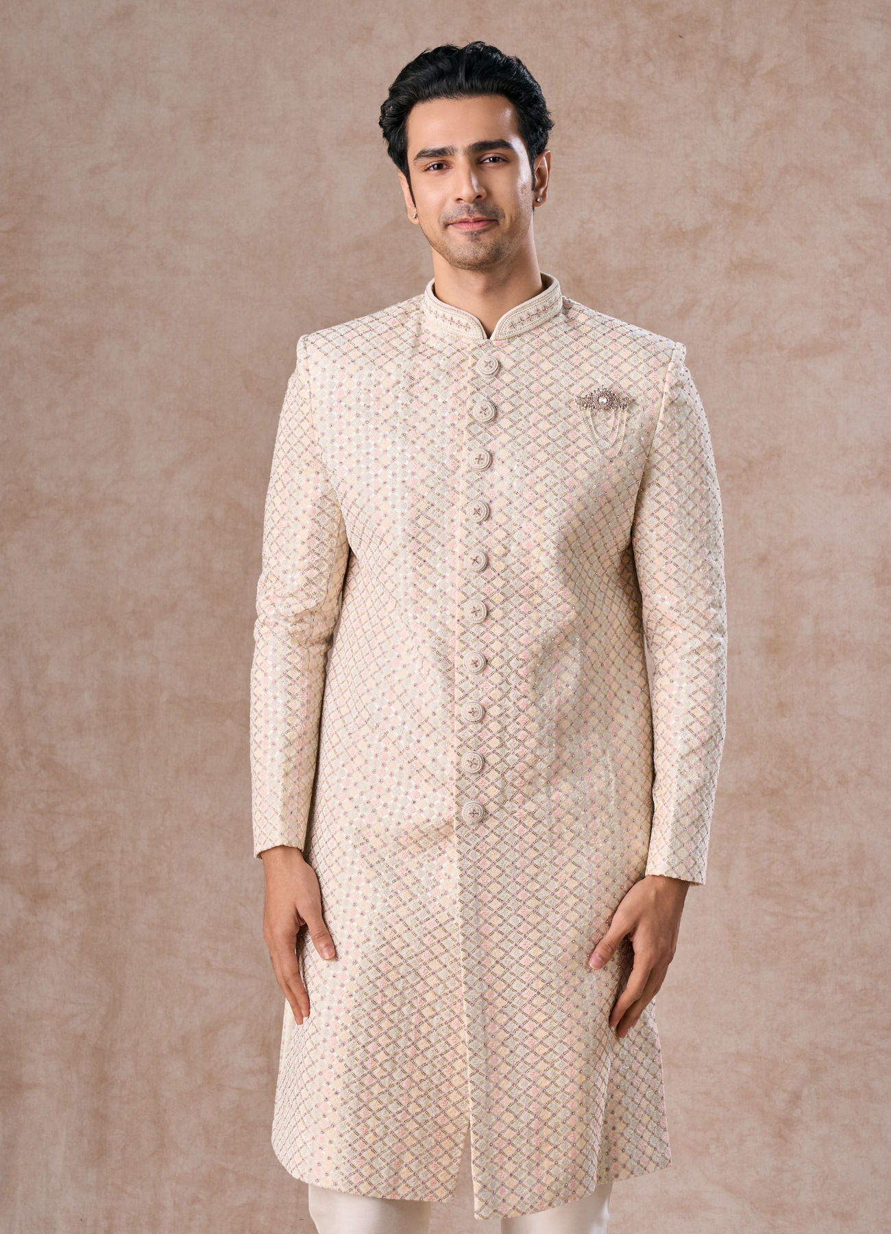 Manyavar Men Classic Cream Velvet Sherwani