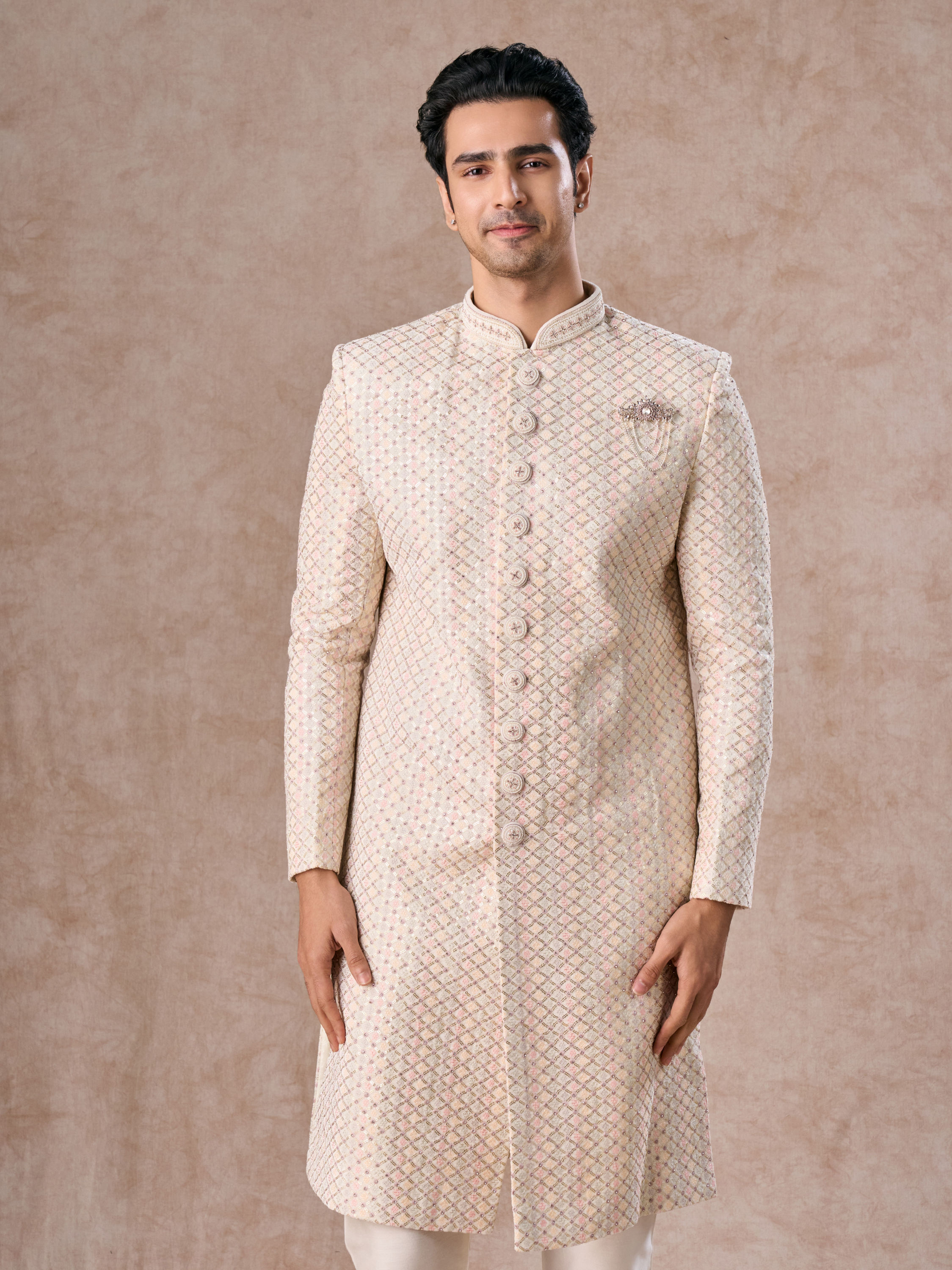 Manyavar Men Classic Cream Velvet Sherwani