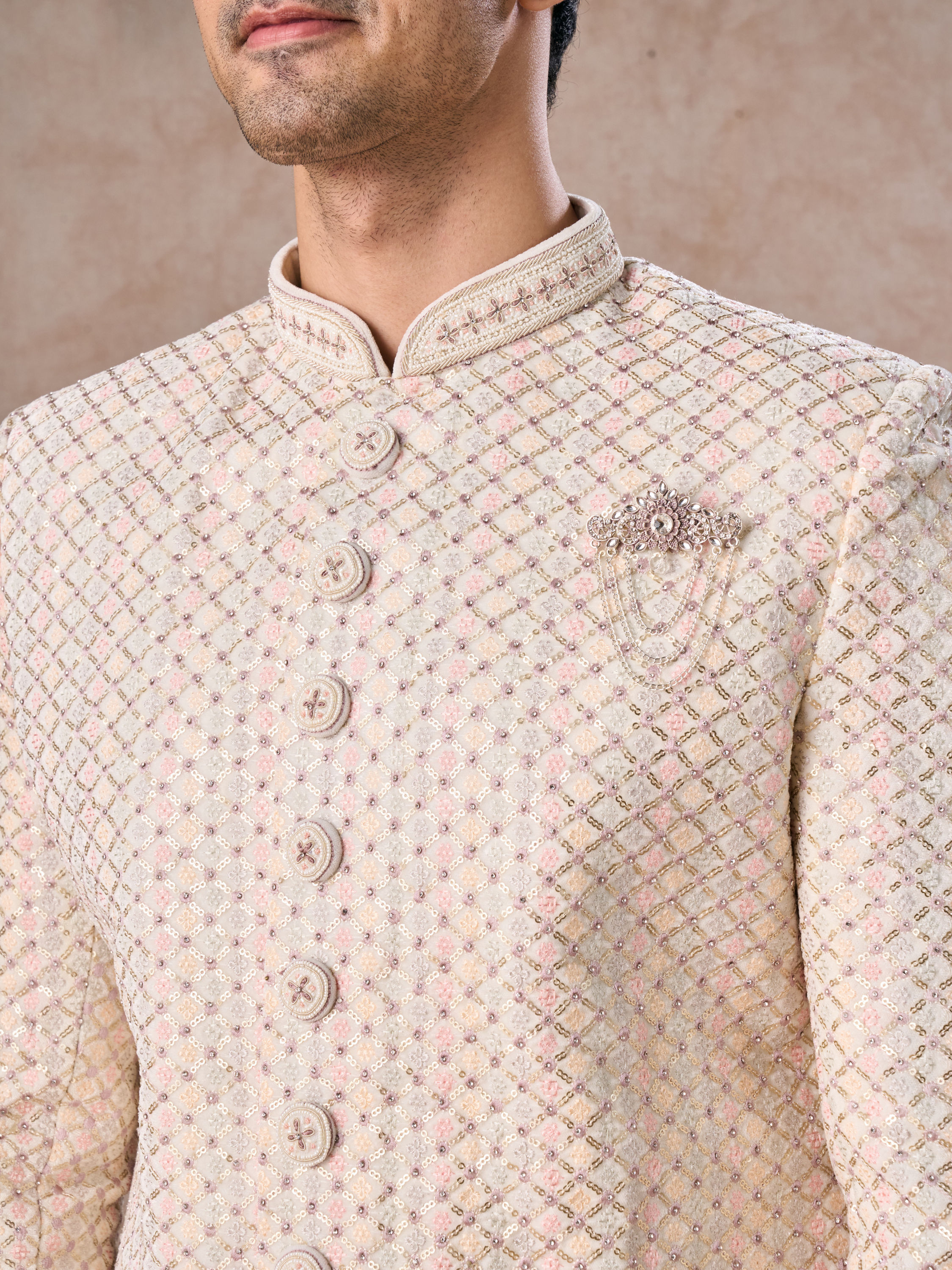 Manyavar Men Classic Cream Velvet Sherwani