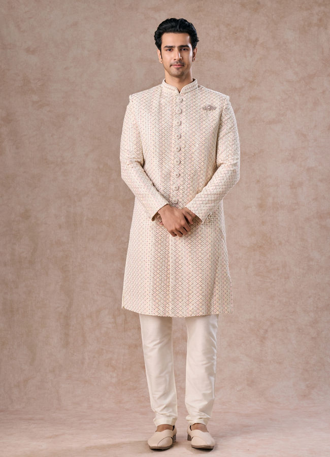 Manyavar Men Classic Cream Velvet Sherwani