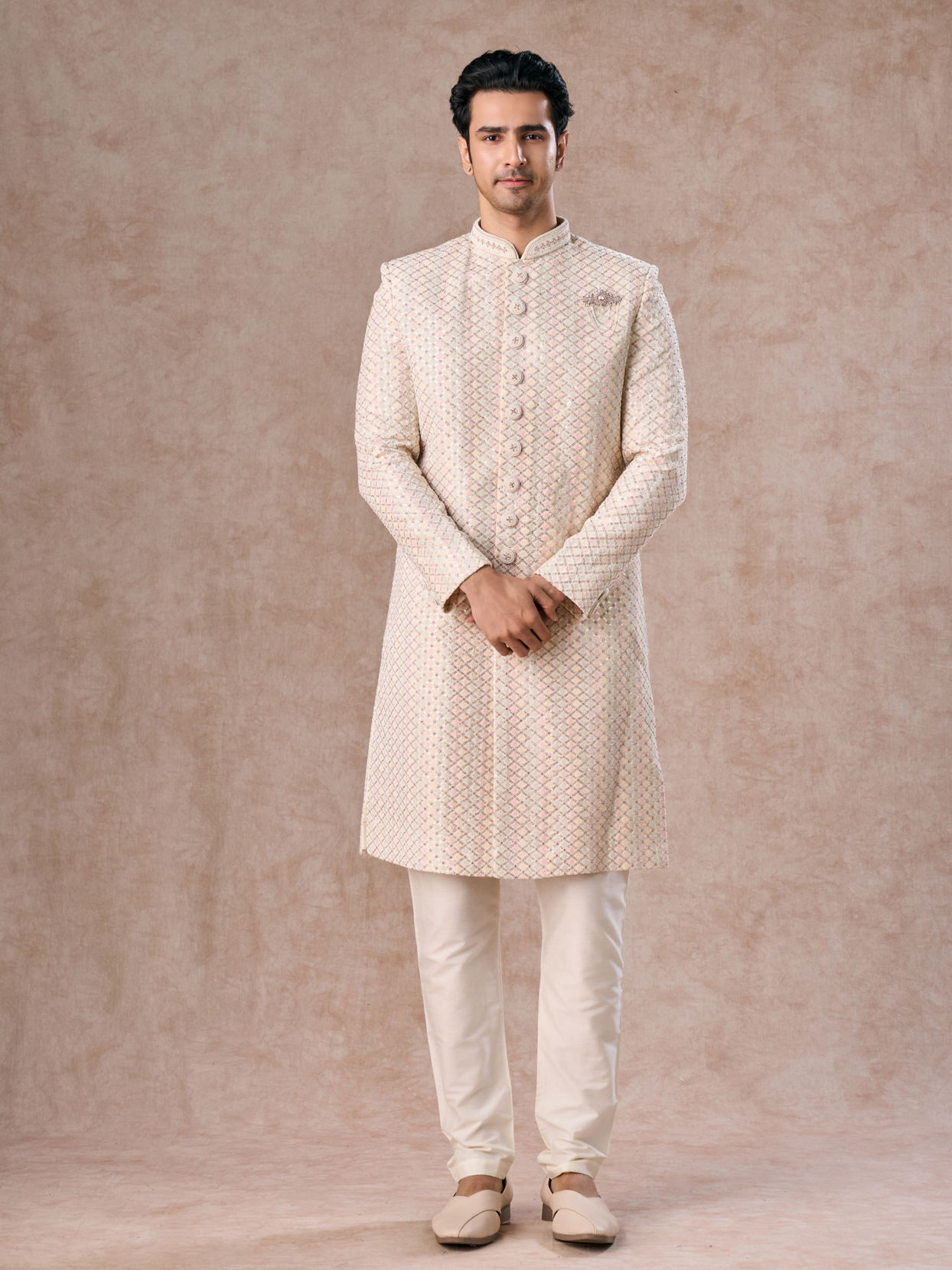 Manyavar Men Classic Cream Velvet Sherwani