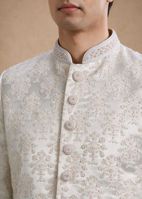 Manyavar Men Cream Brocade Hand Embroidered Sherwani